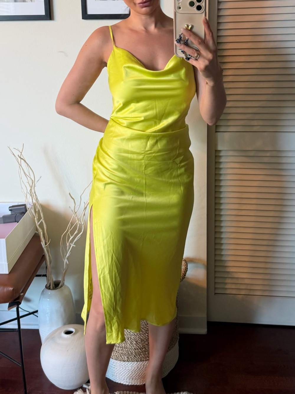 Satin Slip Midi Dress in Lime Green